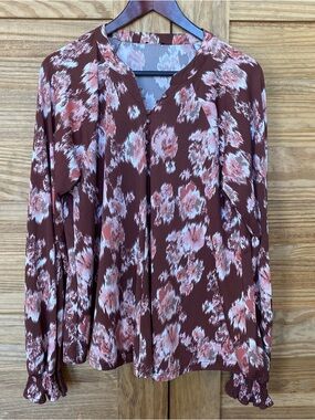 Buckle Black Floral Button-Front Long-Sleeve Blouse - Pink on Brown Womens Large
